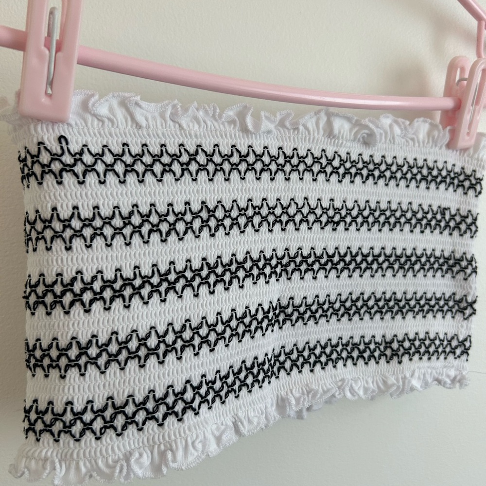 Smocked Strapless Crop Top — White with Black Stitching